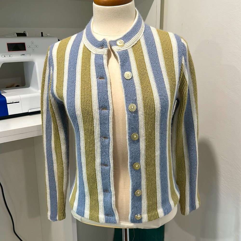 Vintage cardigan sweater, no tags, striped blue and green - Picture 1 of 8